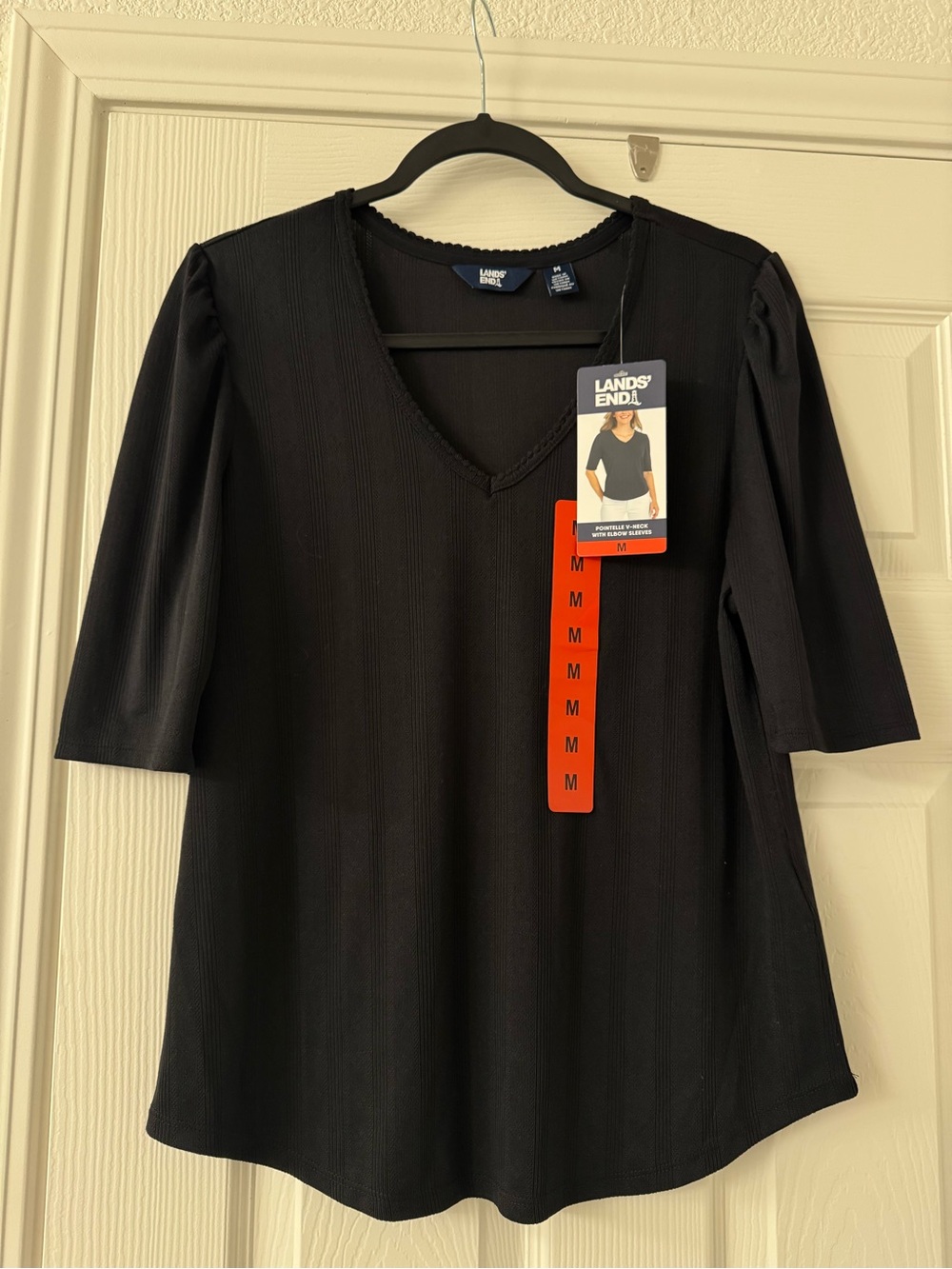 Lands' End Black Ribbed V-Neck Elbow Sleeve Top